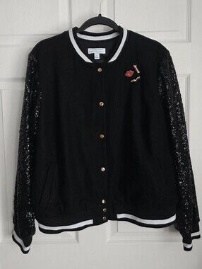 Ashley Nell Tipton Sequin Sleeve Wool Blend Varsity Jacket Black Bomber Size 2X